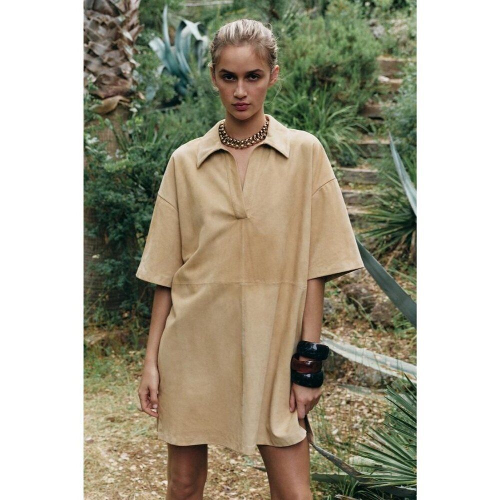 Zara Womens 100% Suede Leather Dress Small Beige Limited Edition 1966/052 NWT
